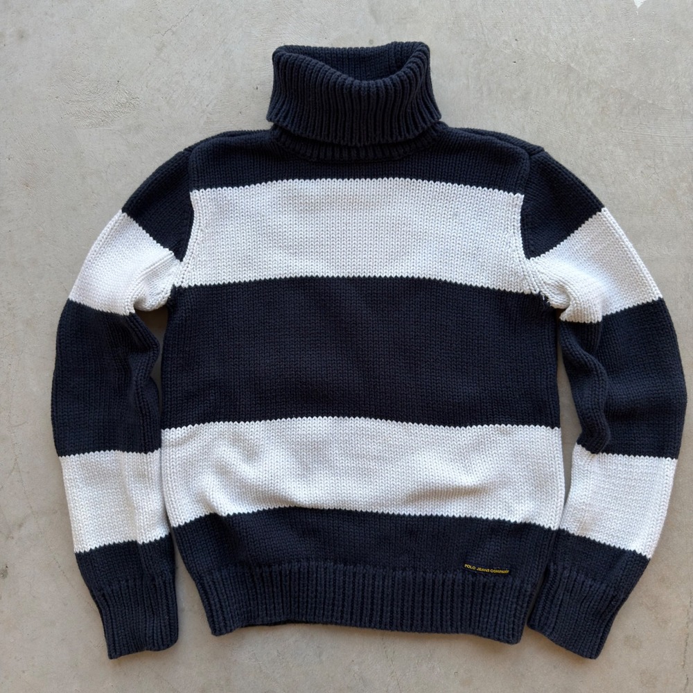 Polo Jeans Co Ralph Lauren Striped Turtleneck Sweater Navy White Cotton Large